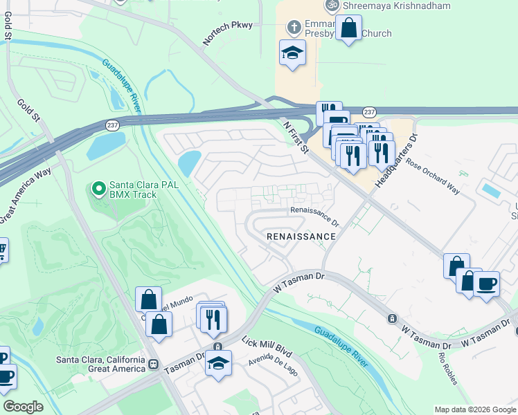 map of restaurants, bars, coffee shops, grocery stores, and more near 4220 Renaissance Drive in San Jose