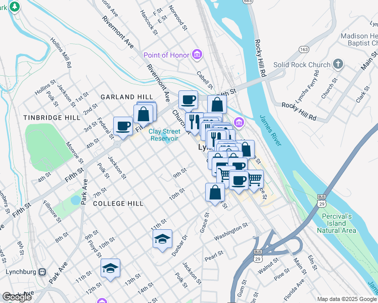 map of restaurants, bars, coffee shops, grocery stores, and more near 806 Court Street in Lynchburg