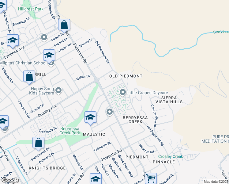 map of restaurants, bars, coffee shops, grocery stores, and more near 1912 Waterloo Court in San Jose