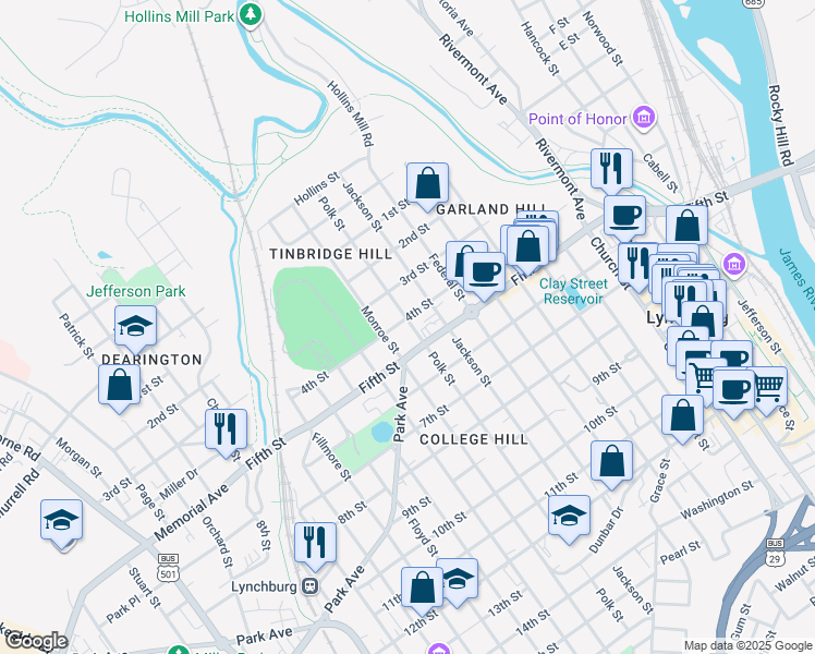 map of restaurants, bars, coffee shops, grocery stores, and more near 1006 4th Street in Lynchburg