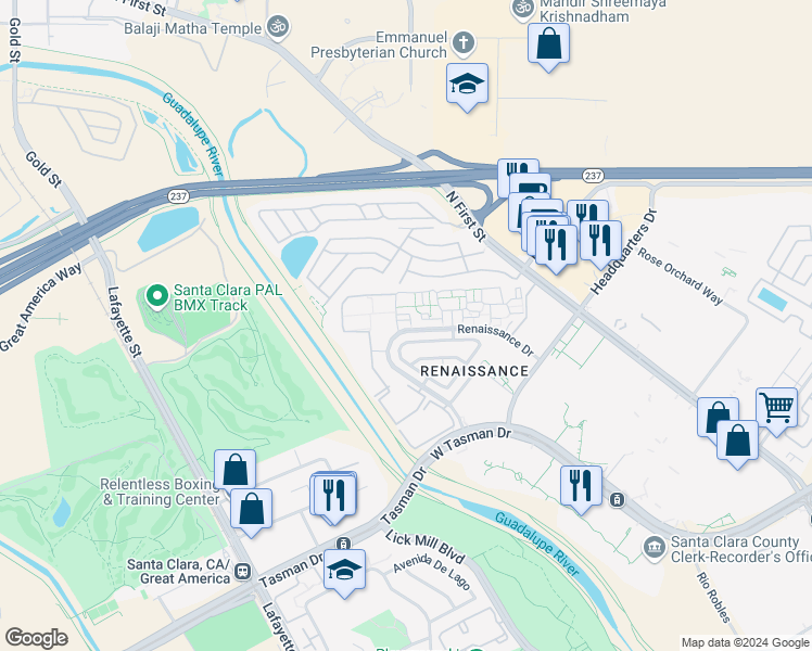 map of restaurants, bars, coffee shops, grocery stores, and more near 4218 Cosenza Loop in San Jose