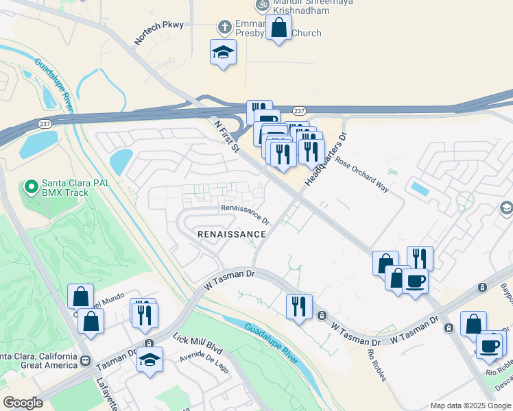 map of restaurants, bars, coffee shops, grocery stores, and more near 4165 Renaissance Drive in San Jose