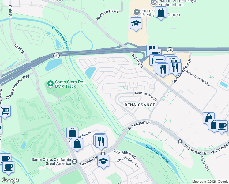 map of restaurants, bars, coffee shops, grocery stores, and more near 4307 Renaissance Drive in San Jose