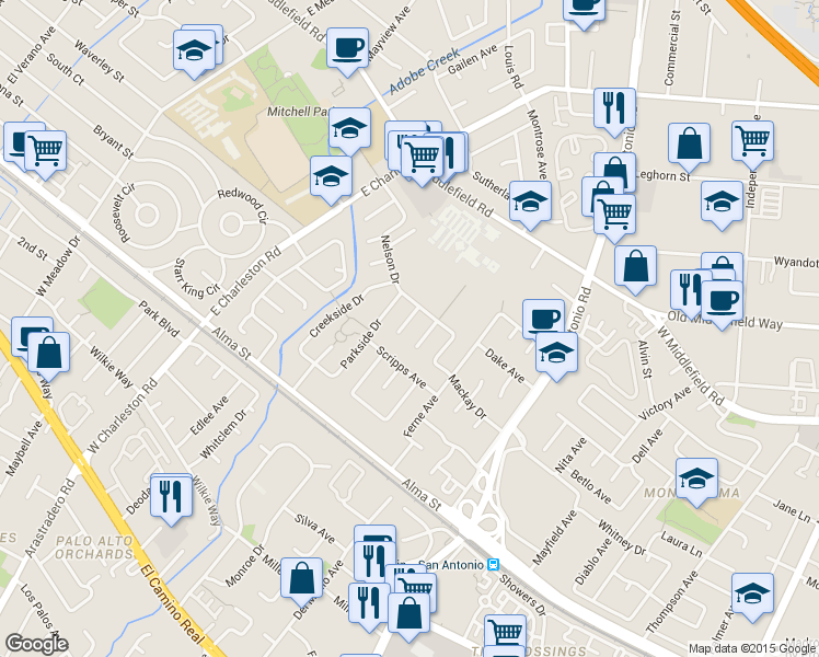 map of restaurants, bars, coffee shops, grocery stores, and more near 346 Tioga Court in Palo Alto