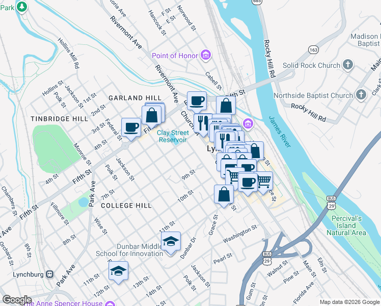 map of restaurants, bars, coffee shops, grocery stores, and more near 806 Court Street in Lynchburg