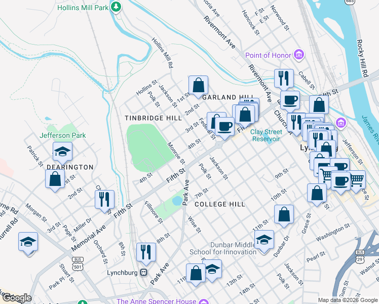 map of restaurants, bars, coffee shops, grocery stores, and more near 1006 4th Street in Lynchburg