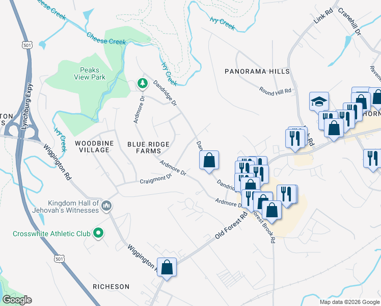 map of restaurants, bars, coffee shops, grocery stores, and more near 1104 Craigmont Drive in Lynchburg