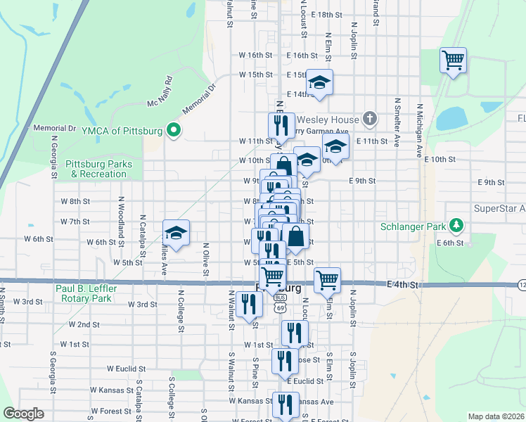 map of restaurants, bars, coffee shops, grocery stores, and more near 707 North Broadway in Pittsburg