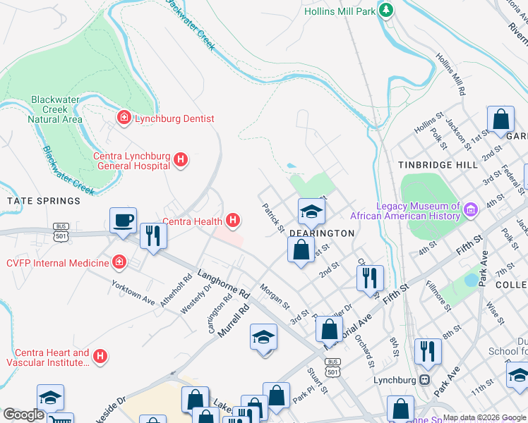 map of restaurants, bars, coffee shops, grocery stores, and more near 400 Patrick Street in Lynchburg