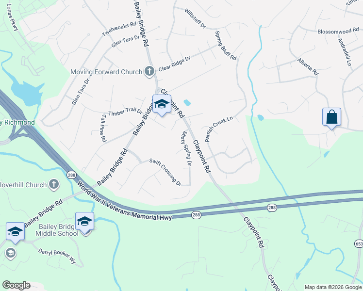 map of restaurants, bars, coffee shops, grocery stores, and more near 11924 Misty Spring Place in Midlothian