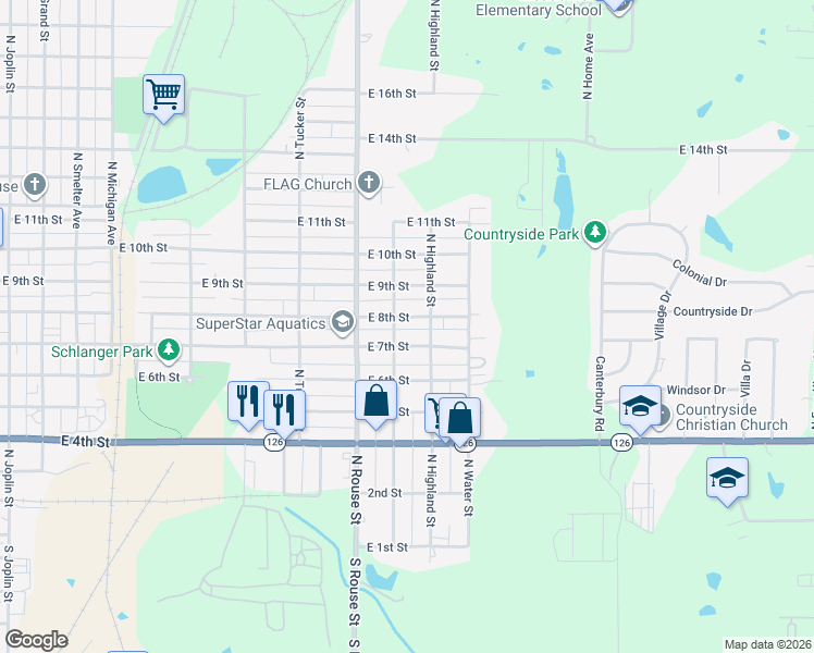 map of restaurants, bars, coffee shops, grocery stores, and more near 1208 East 8th Street in Pittsburg