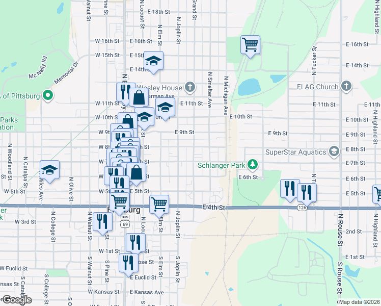 map of restaurants, bars, coffee shops, grocery stores, and more near 707 North Grand Street in Pittsburg