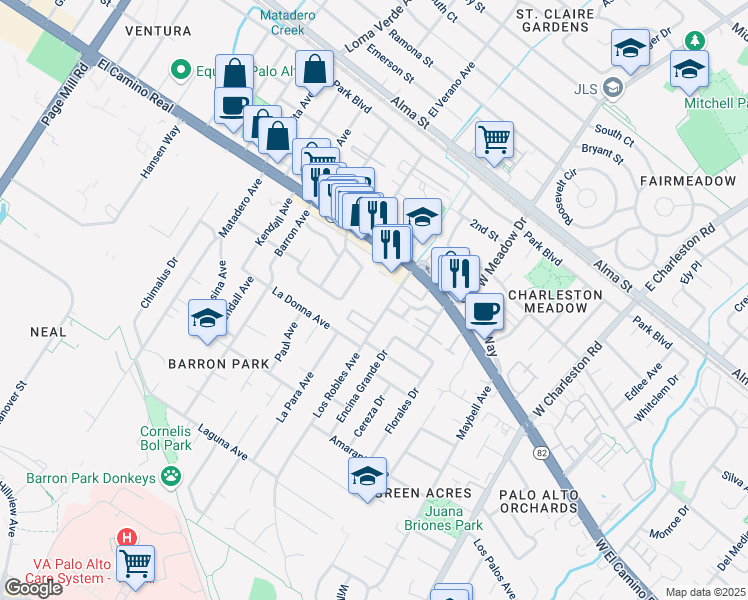 map of restaurants, bars, coffee shops, grocery stores, and more near 626 Los Robles Avenue in Palo Alto