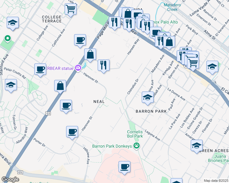 map of restaurants, bars, coffee shops, grocery stores, and more near 3175 Hanover St in Palo Alto