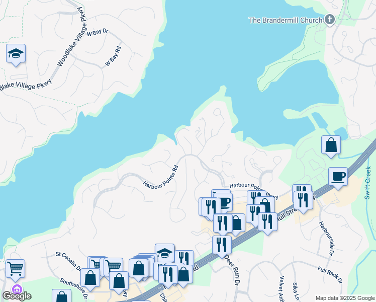 map of restaurants, bars, coffee shops, grocery stores, and more near 5720 Harbour Ridge Road in Midlothian