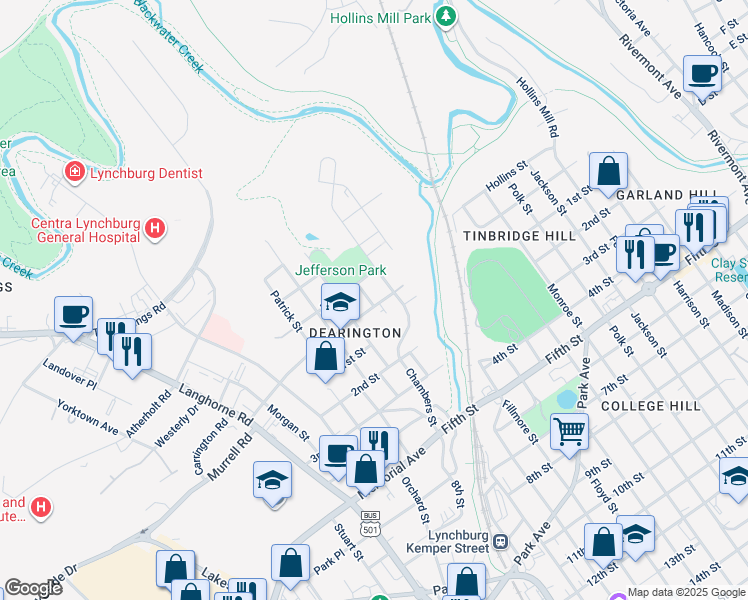map of restaurants, bars, coffee shops, grocery stores, and more near 1561 Caroline Street in Lynchburg