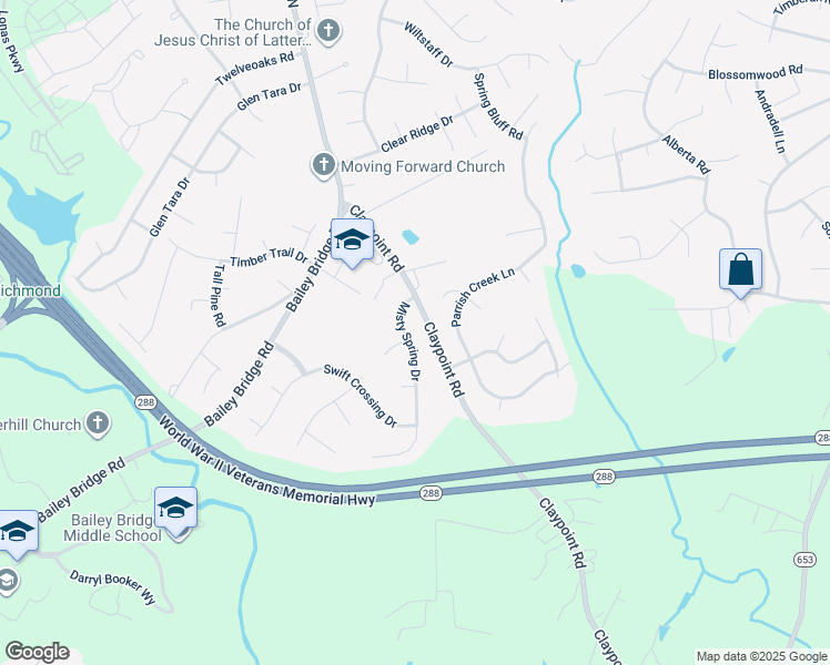 map of restaurants, bars, coffee shops, grocery stores, and more near 11924 Misty Spring Place in Midlothian