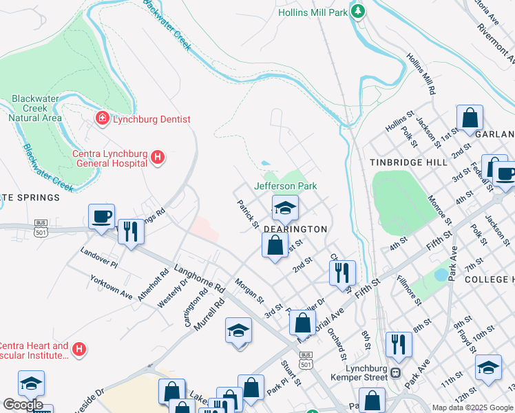 map of restaurants, bars, coffee shops, grocery stores, and more near 409 Smyth Street in Lynchburg