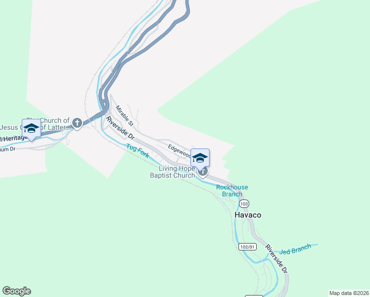 map of restaurants, bars, coffee shops, grocery stores, and more near 98 Cornell Ave in Welch