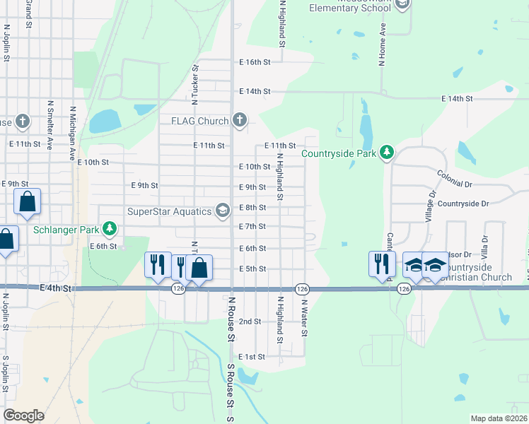 map of restaurants, bars, coffee shops, grocery stores, and more near 1208 East 8th Street in Pittsburg