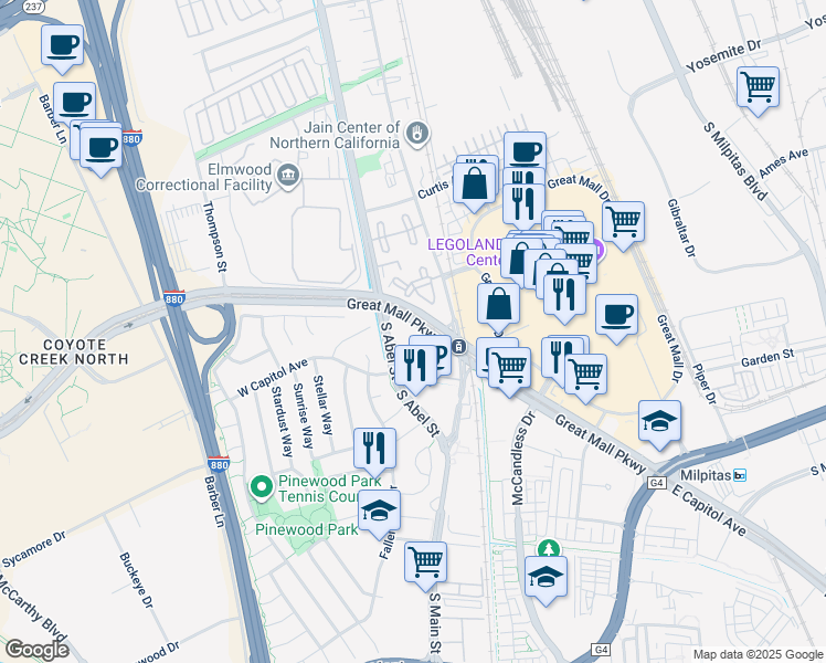 map of restaurants, bars, coffee shops, grocery stores, and more near 1102 South Abel Street in Milpitas