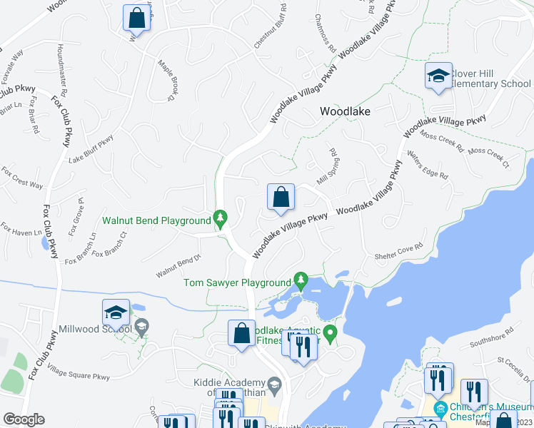 map of restaurants, bars, coffee shops, grocery stores, and more near 6107 Forest Wood Road in Midlothian