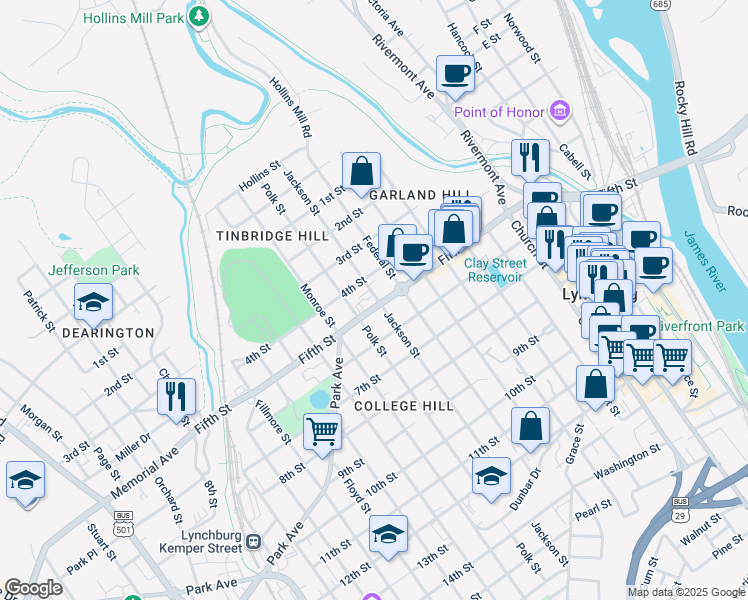 map of restaurants, bars, coffee shops, grocery stores, and more near 903 Fifth Street in Lynchburg