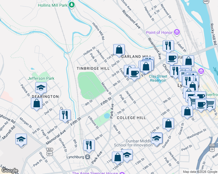 map of restaurants, bars, coffee shops, grocery stores, and more near 1006 4th Street in Lynchburg