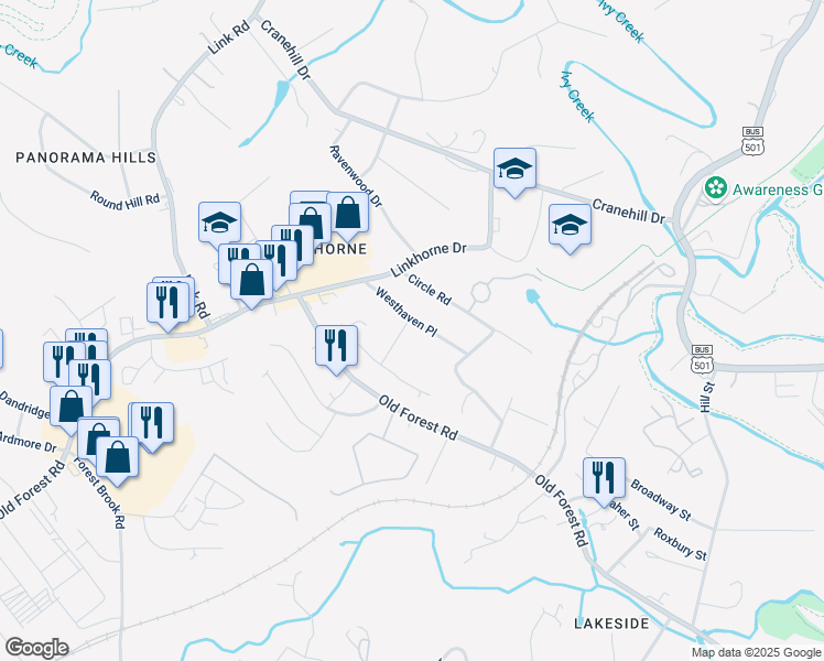 map of restaurants, bars, coffee shops, grocery stores, and more near 3204 Windemere Place in Lynchburg
