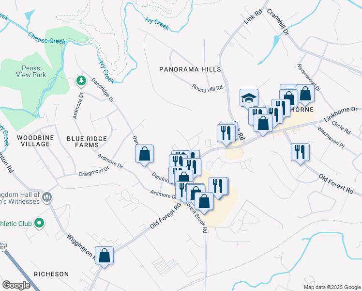 map of restaurants, bars, coffee shops, grocery stores, and more near 431 West Cadbury Drive in Lynchburg