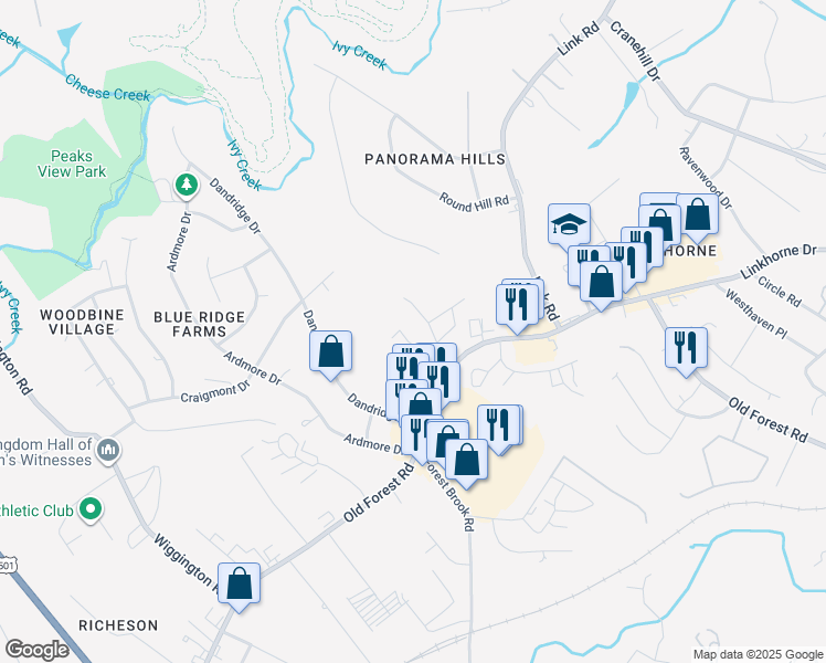map of restaurants, bars, coffee shops, grocery stores, and more near 431 West Cadbury Drive in Lynchburg