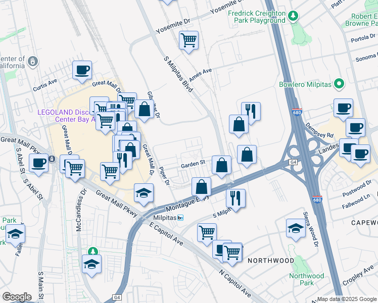 map of restaurants, bars, coffee shops, grocery stores, and more near Merry Loop in Milpitas