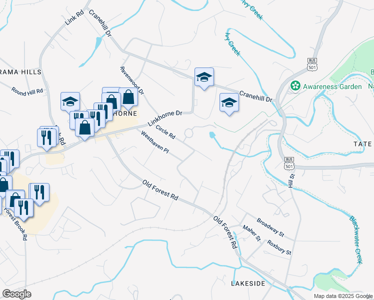 map of restaurants, bars, coffee shops, grocery stores, and more near 2605 Circle Road in Lynchburg