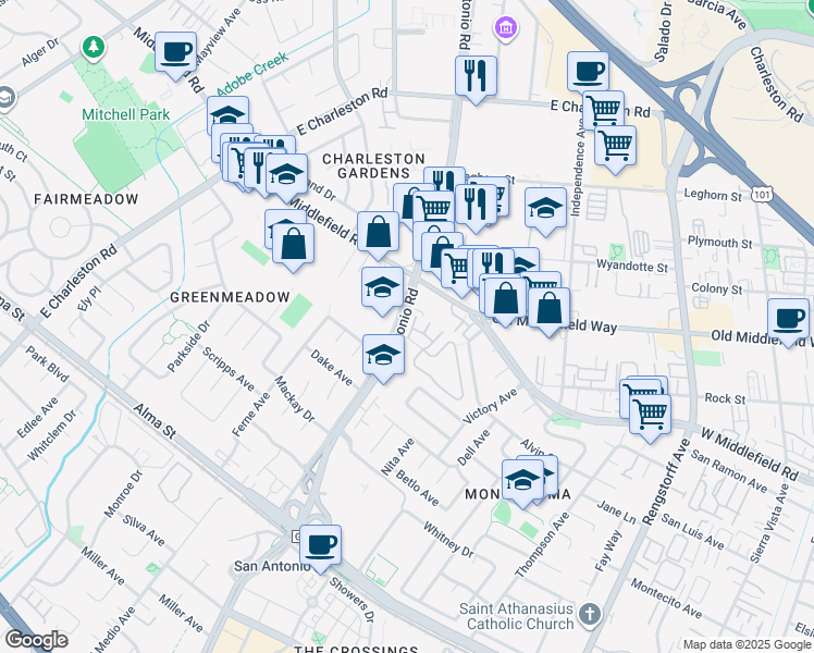map of restaurants, bars, coffee shops, grocery stores, and more near 670 San Antonio Road in Palo Alto