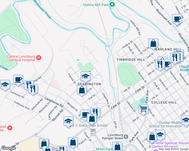 map of restaurants, bars, coffee shops, grocery stores, and more near 1561 Caroline Street in Lynchburg