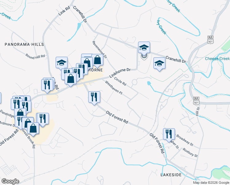map of restaurants, bars, coffee shops, grocery stores, and more near 3204 Windemere Place in Lynchburg