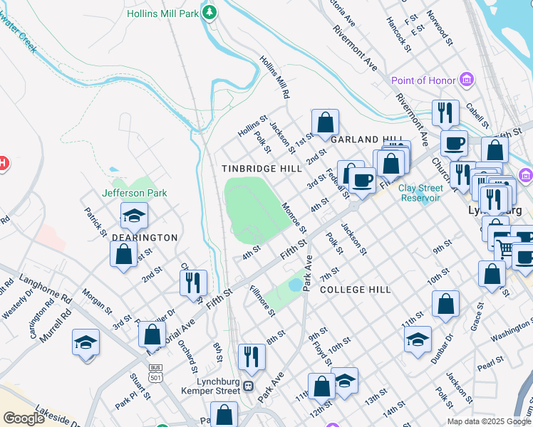 map of restaurants, bars, coffee shops, grocery stores, and more near 401 Taylor Street in Lynchburg
