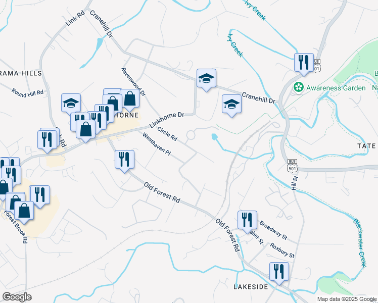 map of restaurants, bars, coffee shops, grocery stores, and more near 2605 Circle Road in Lynchburg