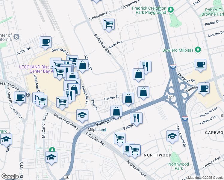 map of restaurants, bars, coffee shops, grocery stores, and more near 1229 Merry Loop in Milpitas