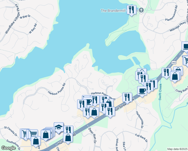 map of restaurants, bars, coffee shops, grocery stores, and more near 5705 Harbour Bluff Terrace in Midlothian