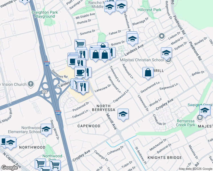 map of restaurants, bars, coffee shops, grocery stores, and more near 3121 Laneview Drive in San Jose
