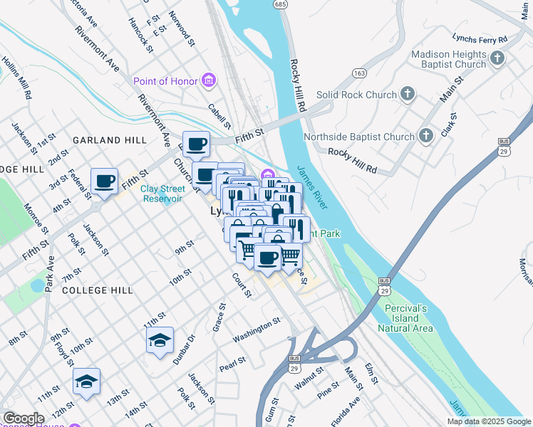 map of restaurants, bars, coffee shops, grocery stores, and more near 1000 Commerce Street in Lynchburg