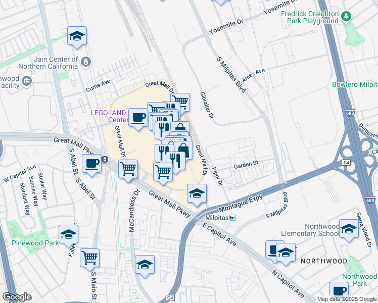 map of restaurants, bars, coffee shops, grocery stores, and more near 1450 Great Mall Drive in Milpitas