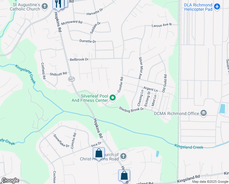map of restaurants, bars, coffee shops, grocery stores, and more near 7820 Conifer Road in Richmond