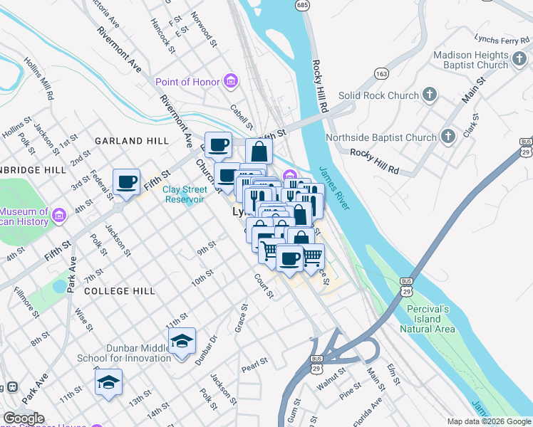 map of restaurants, bars, coffee shops, grocery stores, and more near in Lynchburg