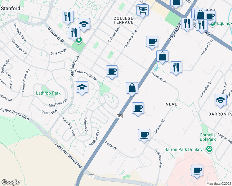 map of restaurants, bars, coffee shops, grocery stores, and more near 71 Peter Coutts Circle in Stanford