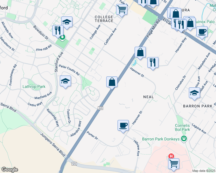 map of restaurants, bars, coffee shops, grocery stores, and more near 1530 Page Mill Road in Palo Alto