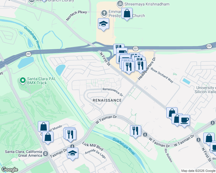 map of restaurants, bars, coffee shops, grocery stores, and more near 4313 Verdigris Circle in San Jose