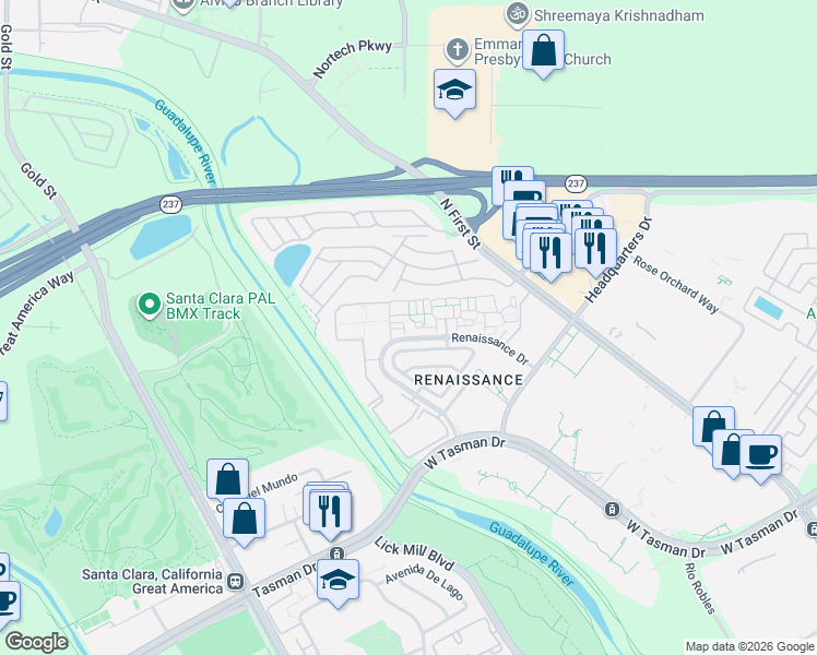 map of restaurants, bars, coffee shops, grocery stores, and more near 4220 Renaissance Drive in San Jose