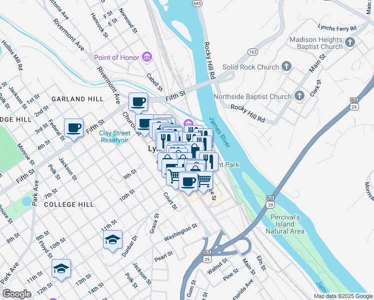 map of restaurants, bars, coffee shops, grocery stores, and more near 1000 Commerce Street in Lynchburg